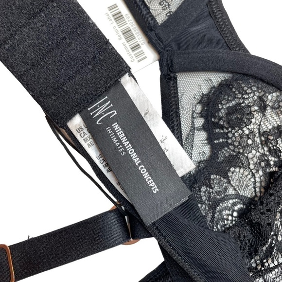 INC Intimates Underwire Lace Bra & High Waist Lace Thong Deep Black Large New - Picture 7 of 13